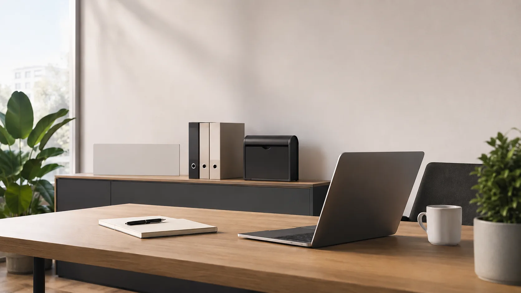 Postazione in ufficio virtuale con computer e telefono